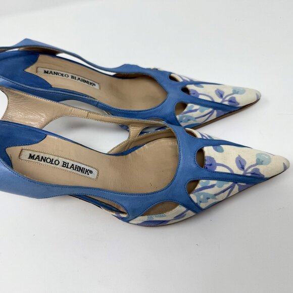 MANOLO BLAHNIK CANVAS CUTOUT ACCENT SLINGBACK PUMPS WOMENS SIZE 8.5 (38.5 EURO) - Picture 4 of 6